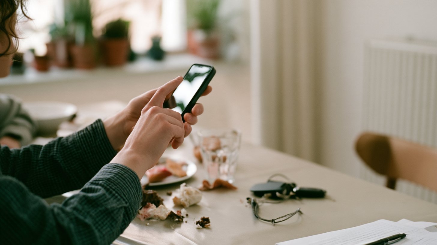 Hände tippen auf einem Smartphone am Küchentisch