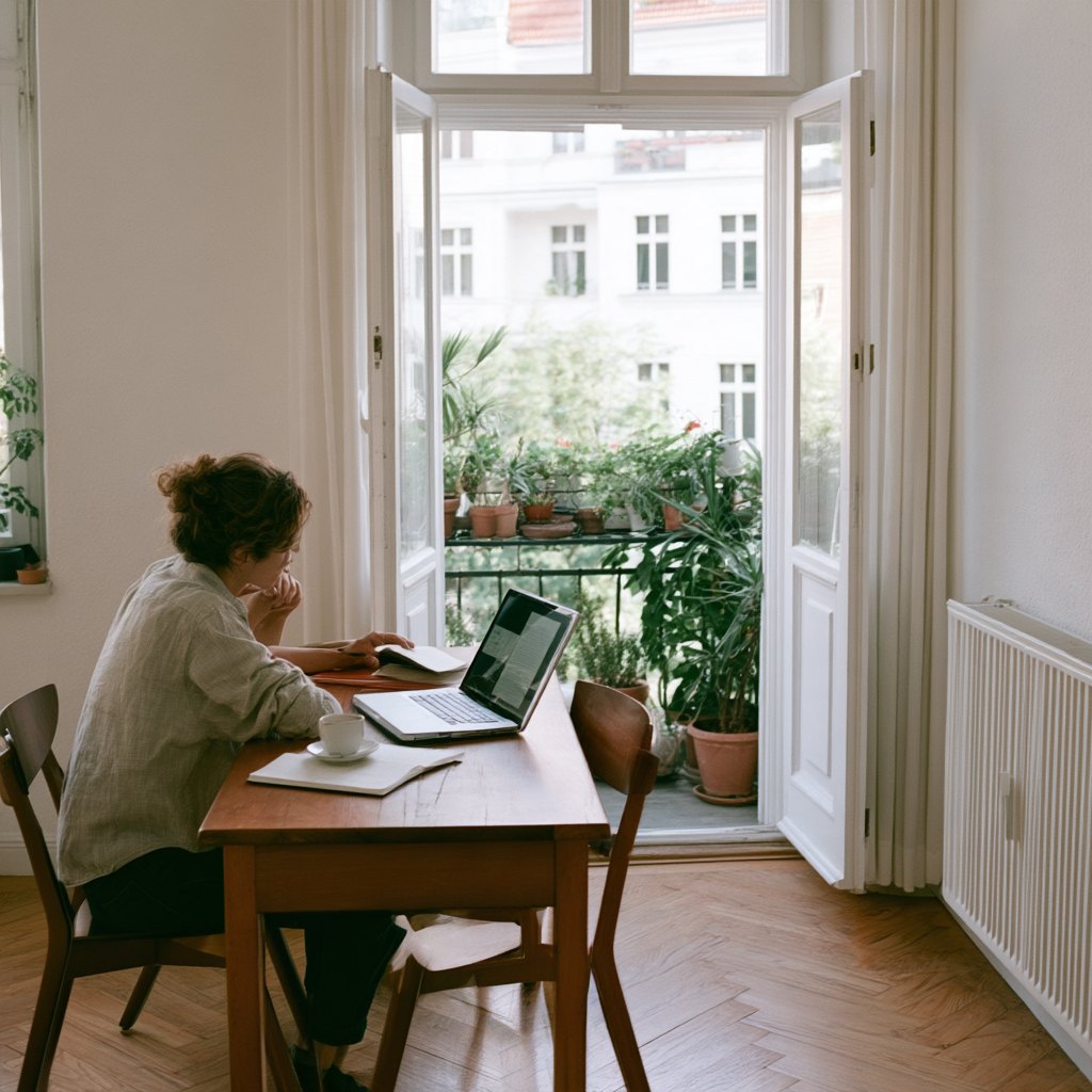 Frau arbeitet am Laptop in einer hellen Altbauwohnung, die Balkontür steht offen