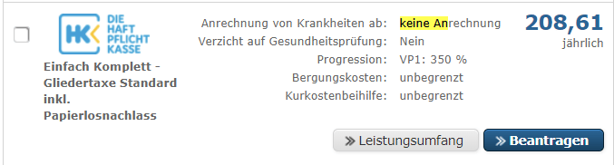 Einfach Komplett – Gliedertaxe Standard inkl. Papierlosnachlass (keine Anrechnung von Krankheiten)