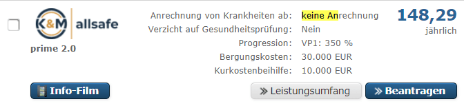 K&M Allsafe (keine Anrechnung von Krankheiten)