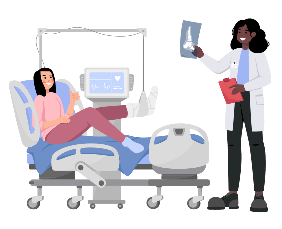 Vektorgrafik von einer Patientin im Behandlungszimmer im Gespräch mit einer Ärztin.