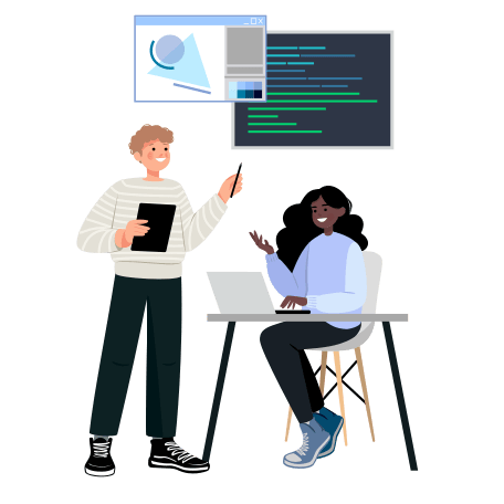 Zwei junge Mitarbeiter reden über die Kosten der Cyber-Versicherung